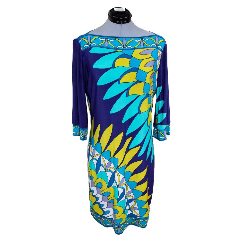 DONNA MORGAN VTG Sz 4 Blue Geometric Print Shift Dress Midi Stretch Mod Y2k